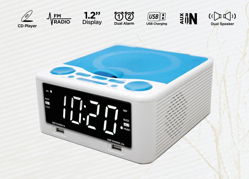 HANNLOMAX HX-300CD Top Loading CD Player, PLL FM Radio, Digital Clock, 1.2" White LED Display, Dual Alarms, Dual USB Ports for 2.1A and 1A Charging, AC/DC Adaptor Included (White_Blue) - Image 4